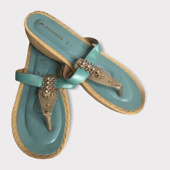 Reindeer Womens‎ Low Wedge Turquoise Sandals,Embellished slip On - Picture 3 of 10